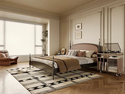 Modern Bedroom Interior Design With Bed Nightstand Rug And Wall Art 3d model