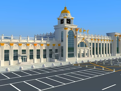 Grand White Building With Golden Accents Clock Tower And Front Parking Lot 3d model