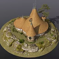Medieval Style Castle With Three Spires On Rocky Terrain And Green Grass