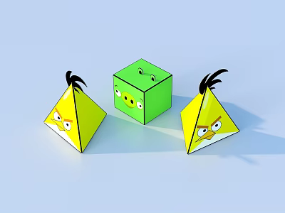Cartoon Style Decorative Figurine Set with Green Cube Yellow Pyramids Eyes and Black Hair Details 3d model