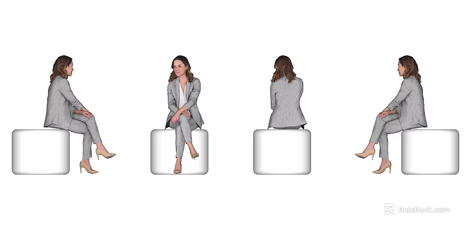 Woman Sitting On White Stool In Gray Suit With Front Back Side Views 3d model 