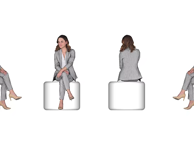 Woman Sitting On White Stool In Gray Suit With Front Back Side Views 3d model