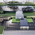 Modern Outdoor Garden Design With Green Lawn Black Paving White Umbrellas And Seating Furniture