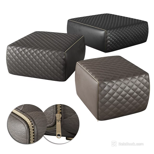Stylish Leather Ottoman Footstools With Quilted Diamond Pattern And Zipper Details 3d model 