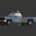 Blue Rusty Truck With Chainsaw In Bed Wooden Chair Shovel And Traffic Cone