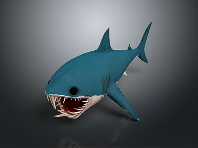 Detailed 3D Blue Shark Model With Open Mouth And Sharp Teeth On Gray Background 3d model