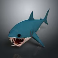 Detailed 3D Blue Shark Model With Open Mouth And Sharp Teeth On Gray Background