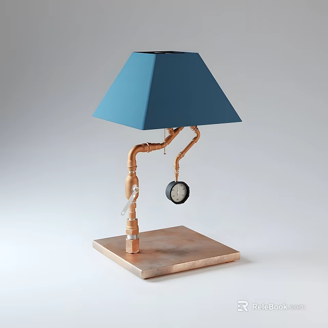 Unique Table Lamp Furniture Featuring Blue Lampshade Copper Pipe Stand And Square Base 3d model 