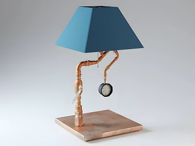 Unique Table Lamp Furniture Featuring Blue Lampshade Copper Pipe Stand And Square Base 3d model