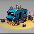Blue Camper Van With Camping Gear Umbrella Barrel Tire And Rocks