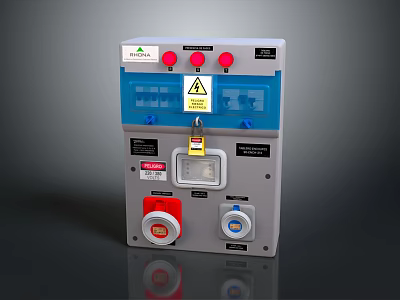 Electrical Control Panel With Gray Enclosure Blue Panel Red Buttons Warning Labels And Safety Features 3d model