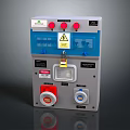Electrical Control Panel With Gray Enclosure Blue Panel Red Buttons Warning Labels And Safety Features 3d model