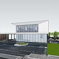 Modern Sales Office Building With Glass Facade Landscaped Gardens Curved Pathways And Green Lawns