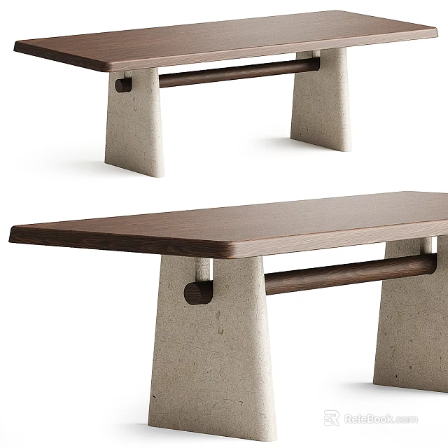 Modern Dining Table With Walnut Top Concrete Legs And Wooden Beam 3d model 