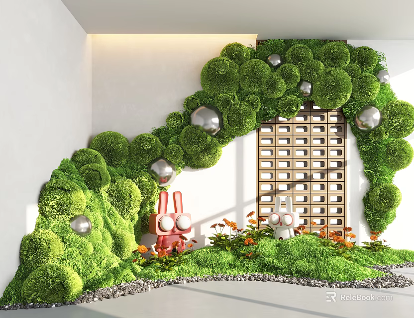 Indoor Landscape With Green Moss Wall Silver Sphere Decorations Rabbit Figurines Wooden Lattice And Flowers 3d model 
