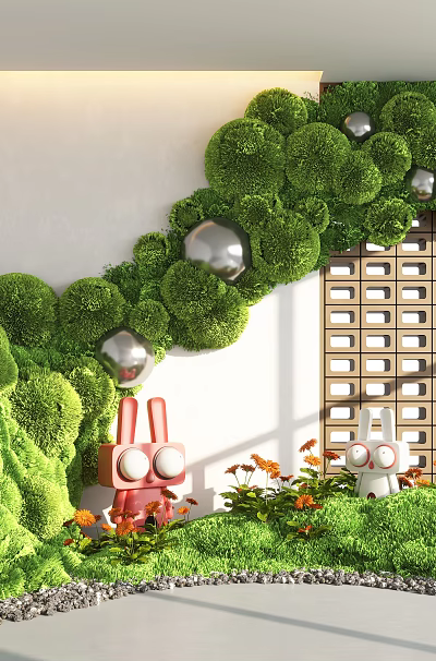 Indoor Landscape With Green Moss Wall Silver Sphere Decorations Rabbit Figurines Wooden Lattice And Flowers 3d model