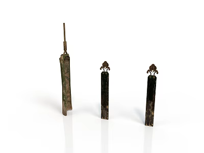 Ancient Bronze Metal Equipment with Various Shapes Including Tall Slender Rod and Short Decorative Patterns 3d model