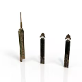 Ancient Bronze Metal Equipment with Various Shapes Including Tall Slender Rod and Short Decorative Patterns