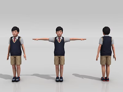 School Boy In Uniform Standing In Three Different Angles With Vest And Shorts 3d model