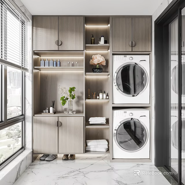 Modern Home Balcony With Stacked Washing Machines Wooden Storage Cabinets And Potted Green Plants 3d model 