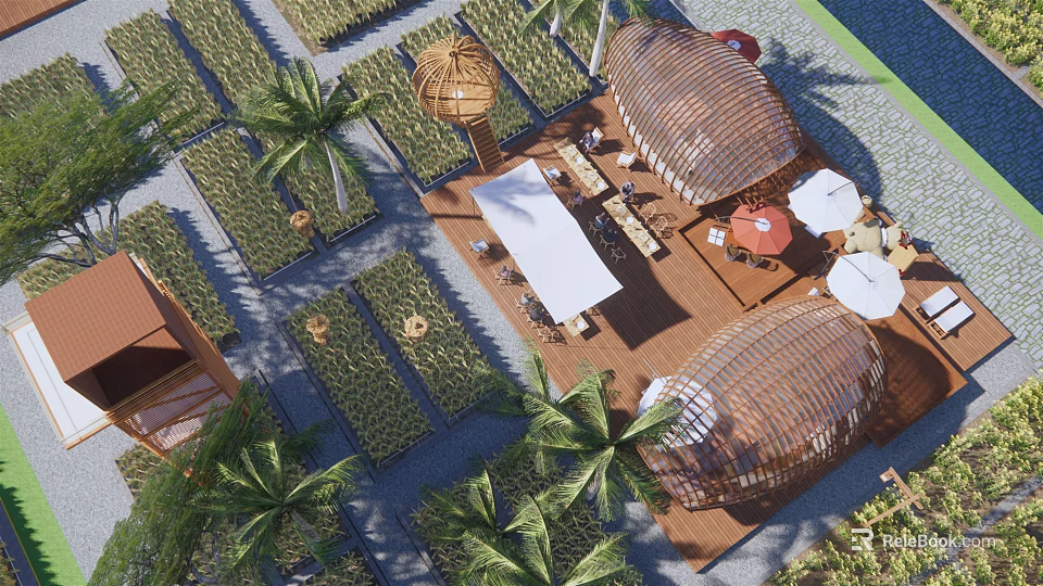 Scenic Rural Landscape With Palm Trees Wooden Pavilions Green Gardens And Outdoor Dining Areas 3d model 