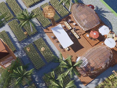 Scenic Rural Landscape With Palm Trees Wooden Pavilions Green Gardens And Outdoor Dining Areas 3d model