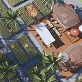 Scenic Rural Landscape With Palm Trees Wooden Pavilions Green Gardens And Outdoor Dining Areas