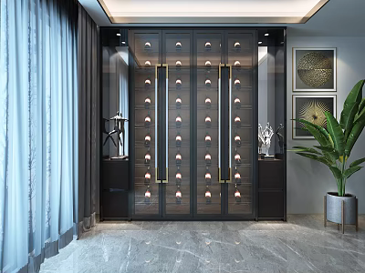 Modern Wine Cabinet With Glass Doors And Storage In Stylish Interior With Green Plant 3d model