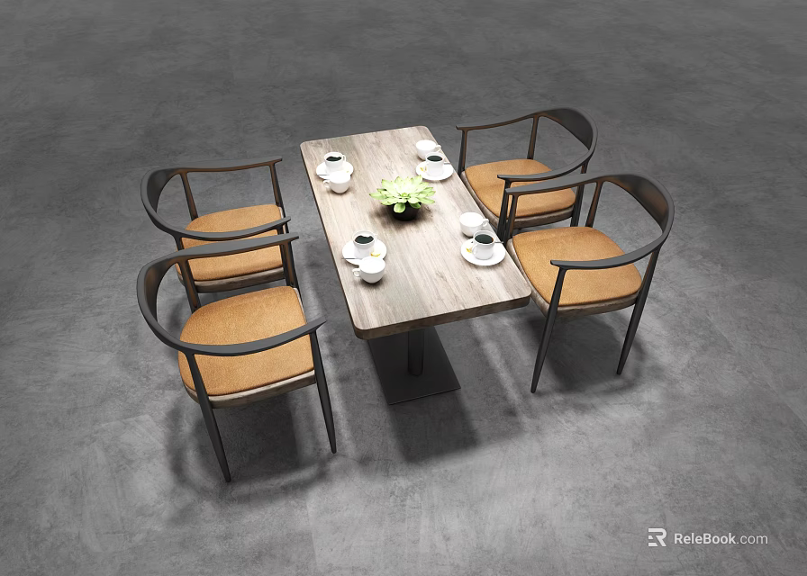 Modern Dining Table Set With Wooden Tabletop Four Brown Seats And Green Flower Arrangement 3d model 
