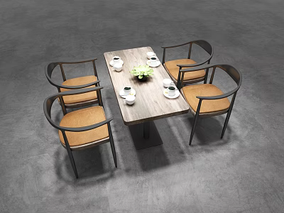 Modern Dining Table Set With Wooden Tabletop Four Brown Seats And Green Flower Arrangement 3d model