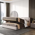 Modern Double Bed With Leather Headboard Nightstands Table Lamps Round Mirror And City View Window