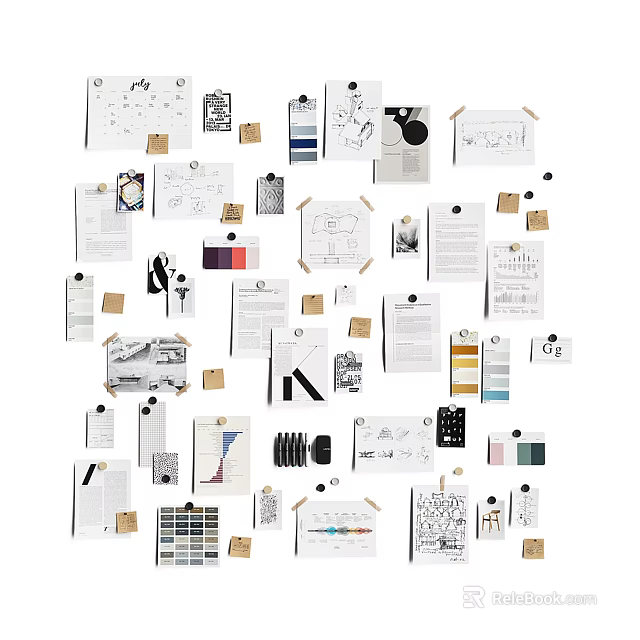 Creative Design Board With Sketches Color Samples Layouts And Material Swatches 3d model