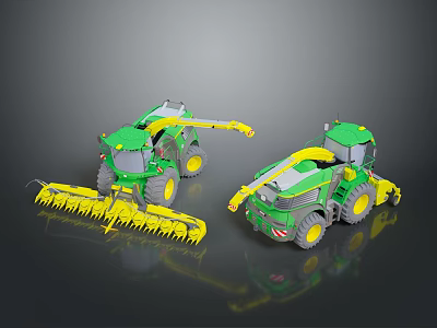 Green And Yellow Agricultural Machinery With Cutting Attachments And Operator Cabs 3d model