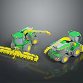 Green And Yellow Agricultural Machinery With Cutting Attachments And Operator Cabs