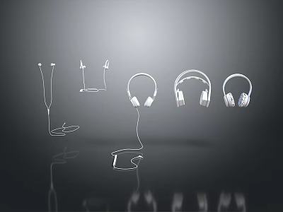 Computer Headphones Various Types In Ear Over Ear with Sleek White Outline Dark Background Reflection 3d model