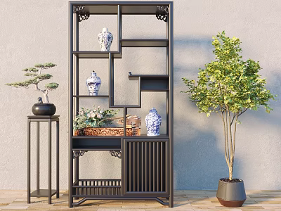 Traditional Chinese Bogu Shelf With Blue And White Porcelain Vases And Potted Green Plants 3d model