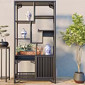 Traditional Chinese Bogu Shelf With Blue And White Porcelain Vases And Potted Green Plants