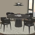 Modern Round Black Dining Table With Four Black Chairs Pendant Light Rug And City View
