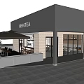 Modern Milk Tea Shop Interior With Marble Counter Hanging Menu Boards And Wooden Tables