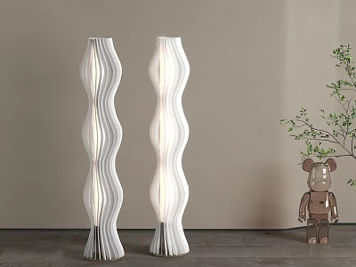 Modern White Wavy Design Floor Lamps With Decorative Bear Figurine And Green Plant 3d model