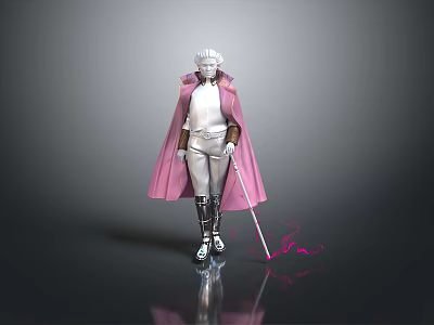Woman in white outfit with pink cloak and silver boots holding staff with pink glow 3d model