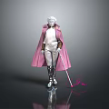 Woman in white outfit with pink cloak and silver boots holding staff with pink glow