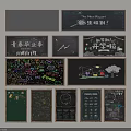 Various Blackboard Contents With Hand Drawn Art Themed Writings And Charts