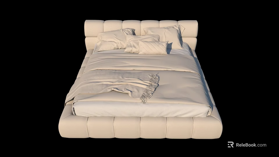 Modern Cream Double Bed With Upholstered Frame Soft Pillows And Plush Bedding 3d model