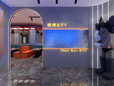 Shao Kao KTV Restaurant Interior With Arched Doorway Orange Sofas Blue Wall And Cartoon Sculpture 3d model