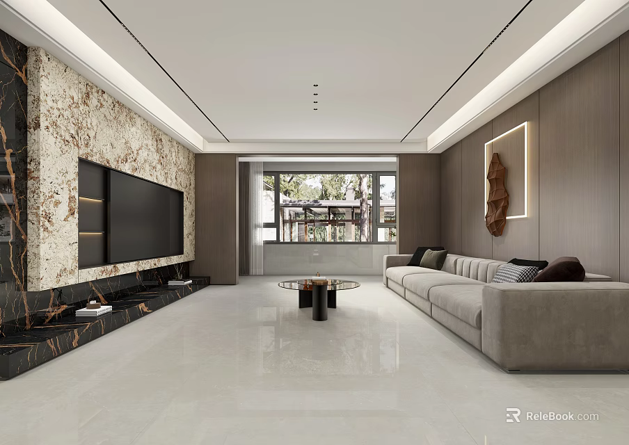 Modern Living Dining Room With Marble Wall TV Beige Sofa Large Window And Coffee Table 3d model 