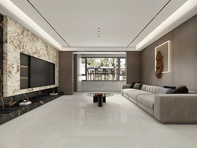 Modern Living Dining Room With Marble Wall TV Beige Sofa Large Window And Coffee Table 3d model