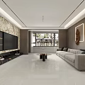 Modern Living Dining Room With Marble Wall TV Beige Sofa Large Window And Coffee Table