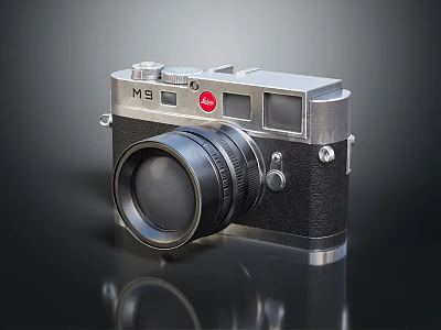 Vintage Electronic Camera With Silver Body Black Leather Surface And Large Classic Lens 3d model