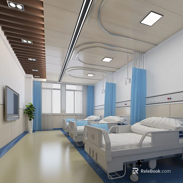 Hospital Outpatient Department Interior With Beds Blue Curtains TV And Medical Equipment 3d model 